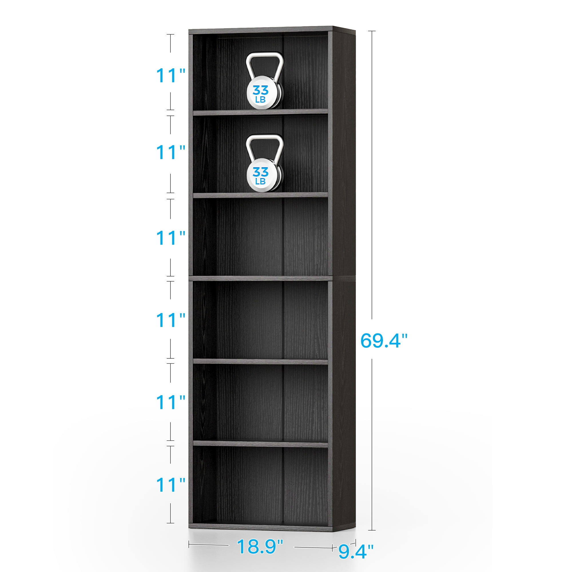 Casacomoda Tall Bookcase, Bookshelf, 6-Tier Display Storage Shelf, Space-Saving Bookshelf for Living Room, Bedroom, Home Office, Black