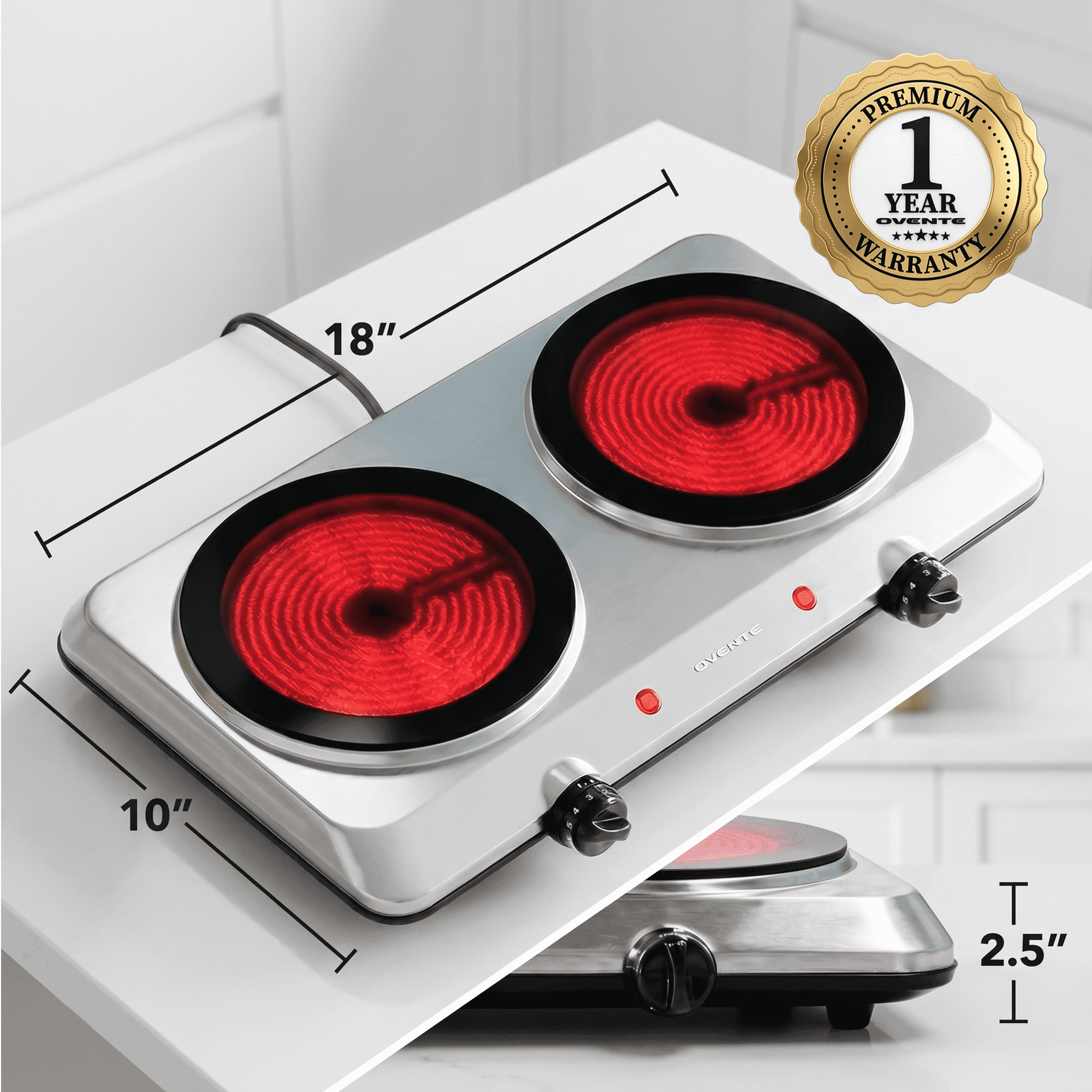 OVENTE Electric Infrared Double Burner, 6 Heat Levels, Silver BGI202S | 1500W Hot Plate w/ 7.5” Ceramic Glass Cooktop, Easy to Clean Stainless Steel Base, Compact Stove for Home, Dorm, Office