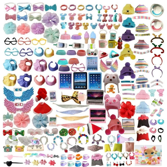 Accessories Pack Lot Compitable with LPS, Random 15 PCS Laptop Hat Glasses Wings Clothes Bow Skirt Collar Food and Drink Fit LPS Shorthair Cat Collie Cocker Spaniel Husky Puppy Dog LPS Deer Figure