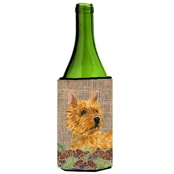 Norwich Terrier on Faux Burlap with Pine Cones Wine bottle sleeve Hugger 24 oz.