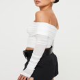 thumbnail image 4 of Folded Neckline Solid Color Cropped Tops with Ruched Long Sleeves for Women, 4 of 7