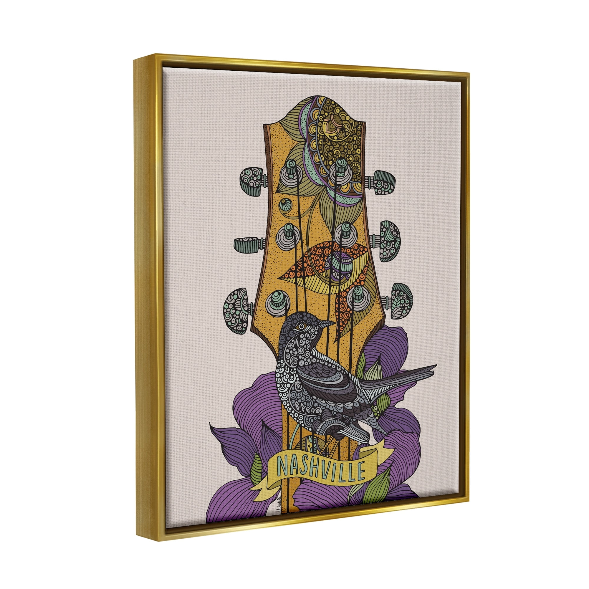 Stupell Industries Intricate Nashville Guitar Floral Patterned Bird Perched Graphic Art Metallic Gold Floating Framed Canvas Print Wall Art, Design by Valentina Harper