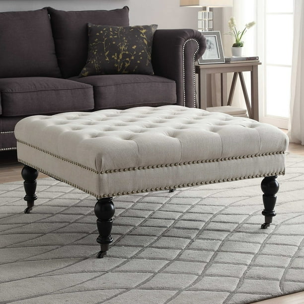 Linon Isabelle Linen Square Tufted Ottoman Natural Walmart Com Walmart Com