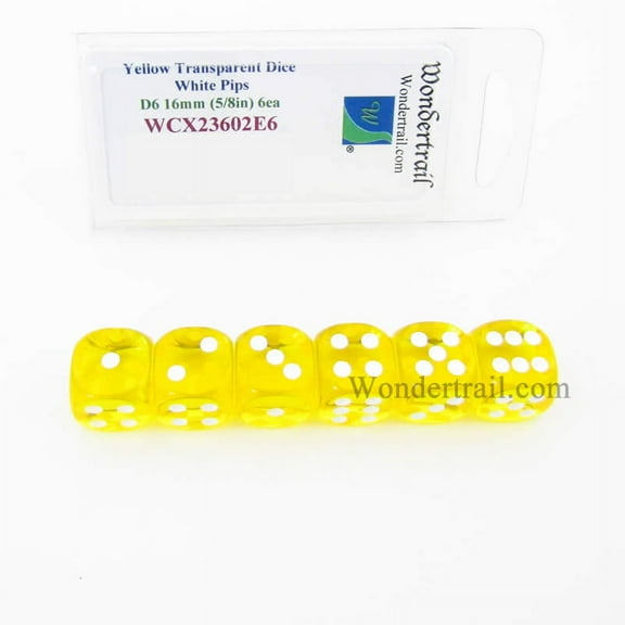 Yellow Translucent Dice with White Pips D6 16mm (5/8in) Pack of 6 Wondertrail