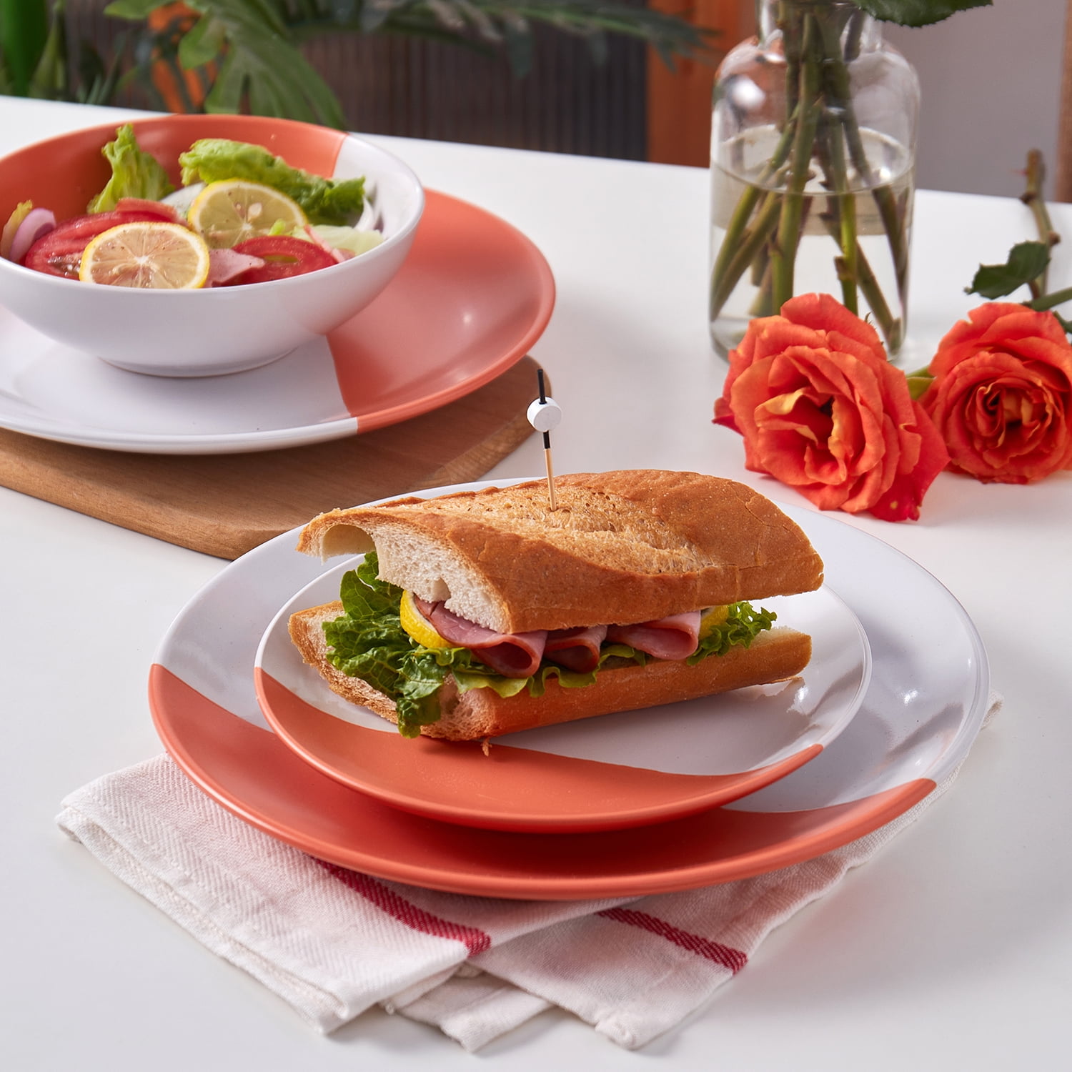 Stone Lain Lizzy Stoneware 12-Piece Round Dinnerware Set, Orange, CB
