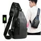 thumbnail image 1 of Bolso bandolera de cuero para hombre y mujer, mochila bandolera de hombro, mochila cruzada con puerto USB y auriculares para senderismo, acampada, excursiones al aire libre, senderismo., 1 of 7