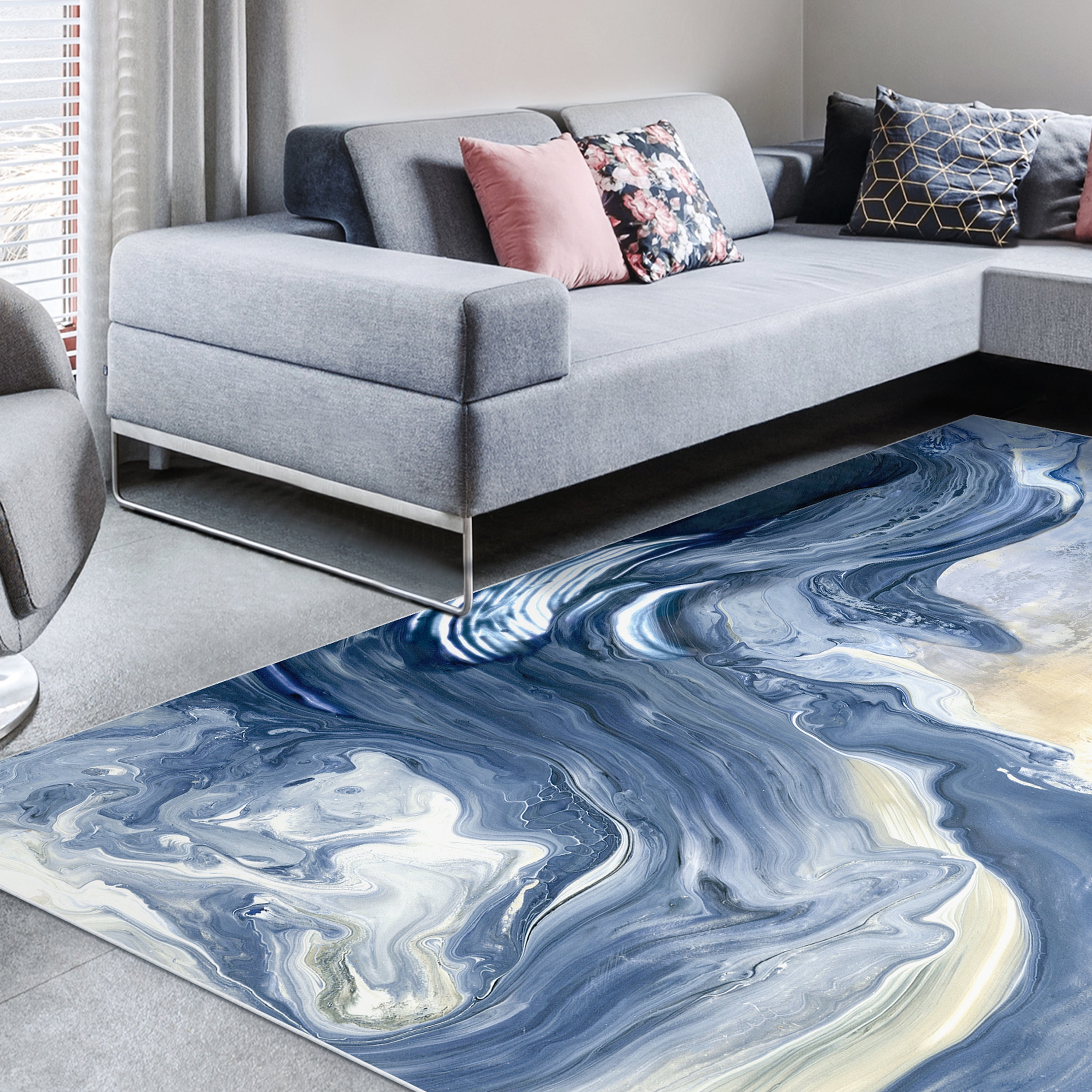 Blue Vulcanic Explosion Washable Abstract Art Area Rug size 8'x10', Power-loomed, Heavenly Softness with Non-Slipping Backing