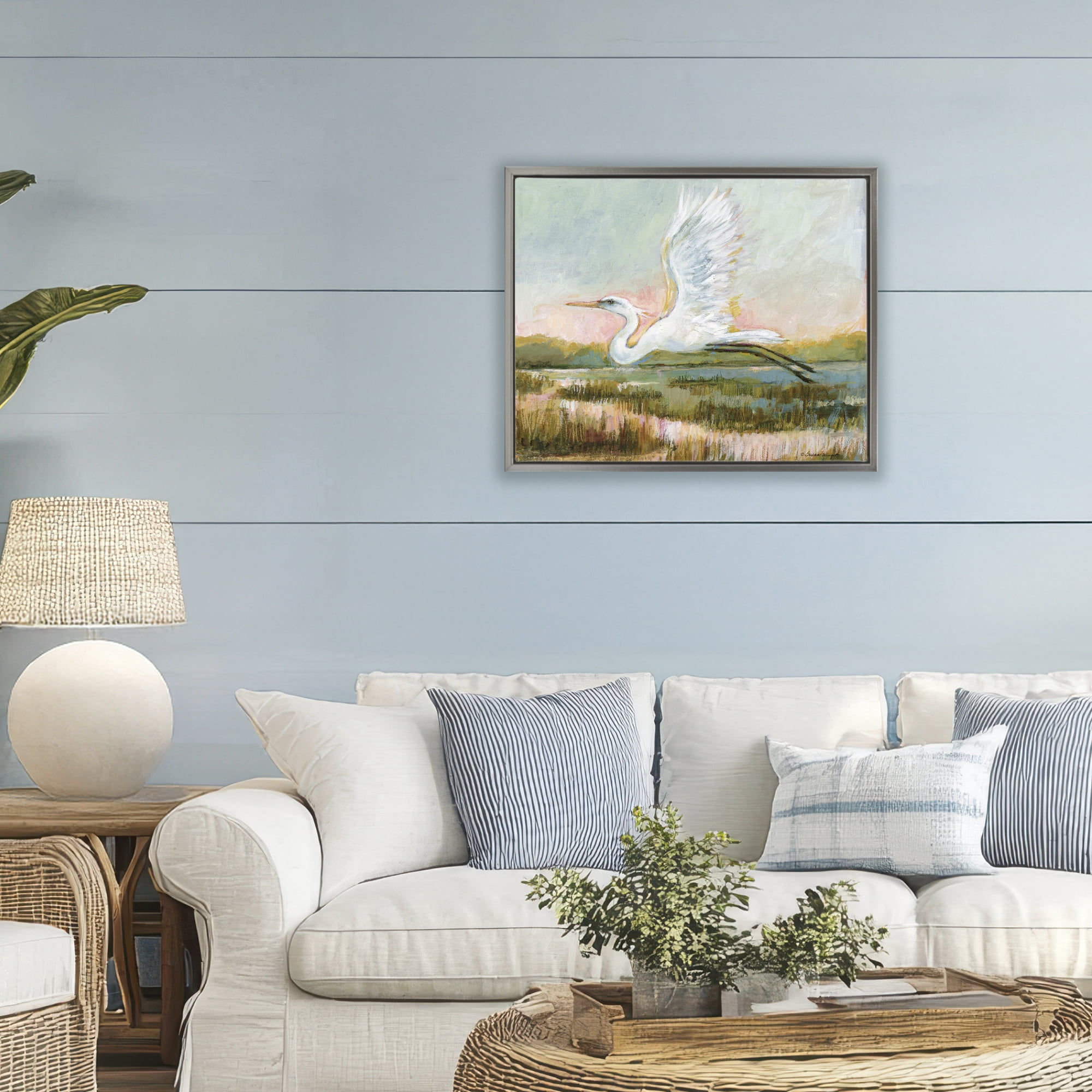 Stupell Industries White Heron Flying Gray Framed Floater Canvas Wall Art, design by Susan Winget