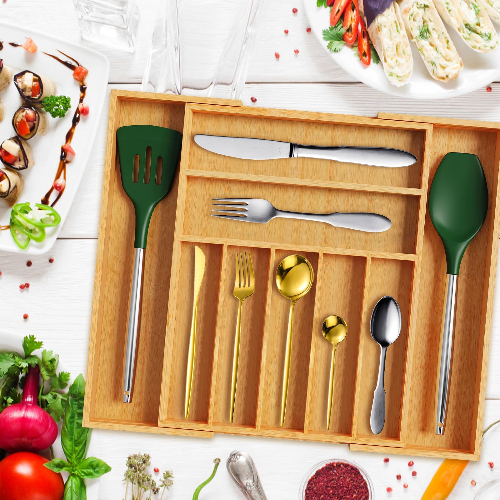 GIRACOA Expandable Bamboo Silverware Drawer Organizer, 9-Compartment Adjustable Utensil Tray, Large Wood Cutlery & Flatware Holder for Kitchen and Home Use