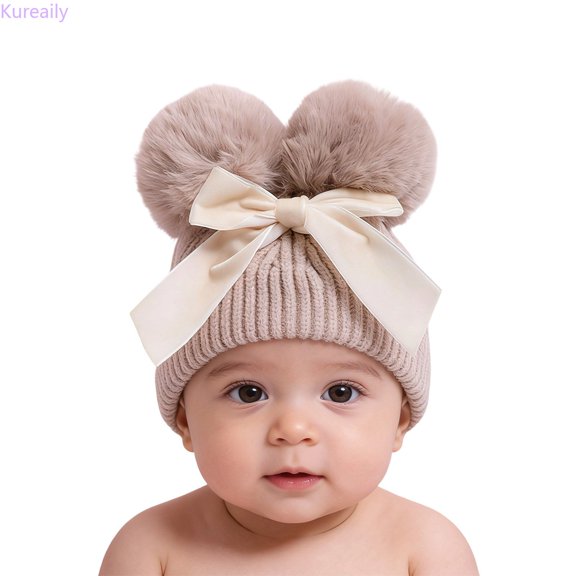 Kureaily Double Bowknot Baby Hat Winter Knitted Cap For And Toddlers With Thick Warm Soft Yarn For Cold Weather ,Back To School Kids Knit Hats Size 6-36 Month ,Beige
