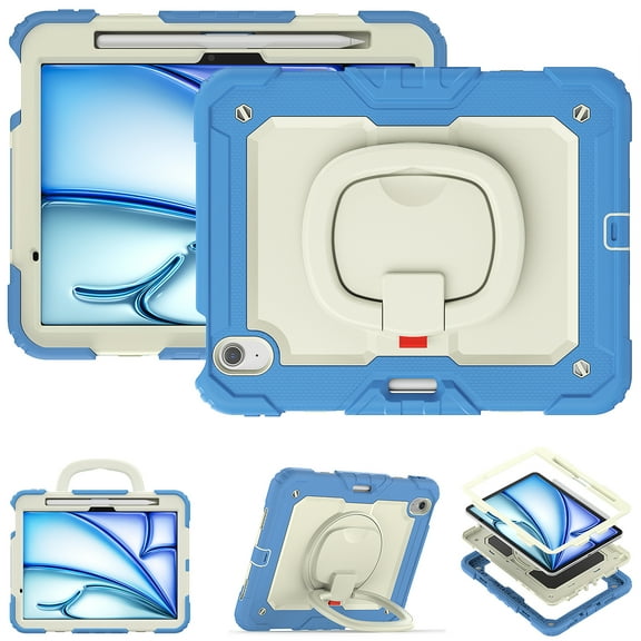 Allytechgroup iPad Air 13" M3 M2 2025/2024 Case with Screen Protector, Heavy Duty Shockproof Kickstand Handle Bumper Pencil Holder Anti-Scratch Kids Friendly Case Cover for Apple iPad Air 13", Blue
