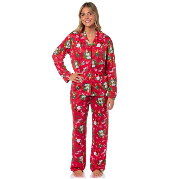 Elf The Movie Women's OMG! SANTA! I KNOW HIM! Christmas Sleep Collared Button Down Long-Sleeve Pajama Set