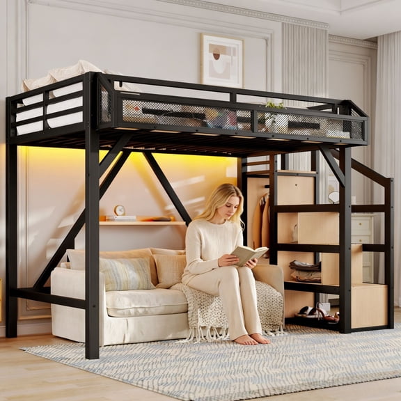 Bellemave Twin XL Size Metal Loft Bed Frame with Storage Stairs, Wardrobe & Side Shelf, USB Ports and LED Light, Space-Saving Design with Underbed Storage, Black Natural