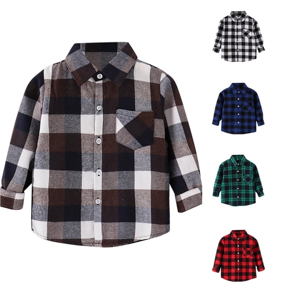 CUZIBR Boys Tops Kids Toddler Flannel Jacket Plaid Long Sleeve Lapel Button Down Shacket Baby Lightweight Formal Shirt Coat Outwear Tee Dailywear,Brown,12-18 Months