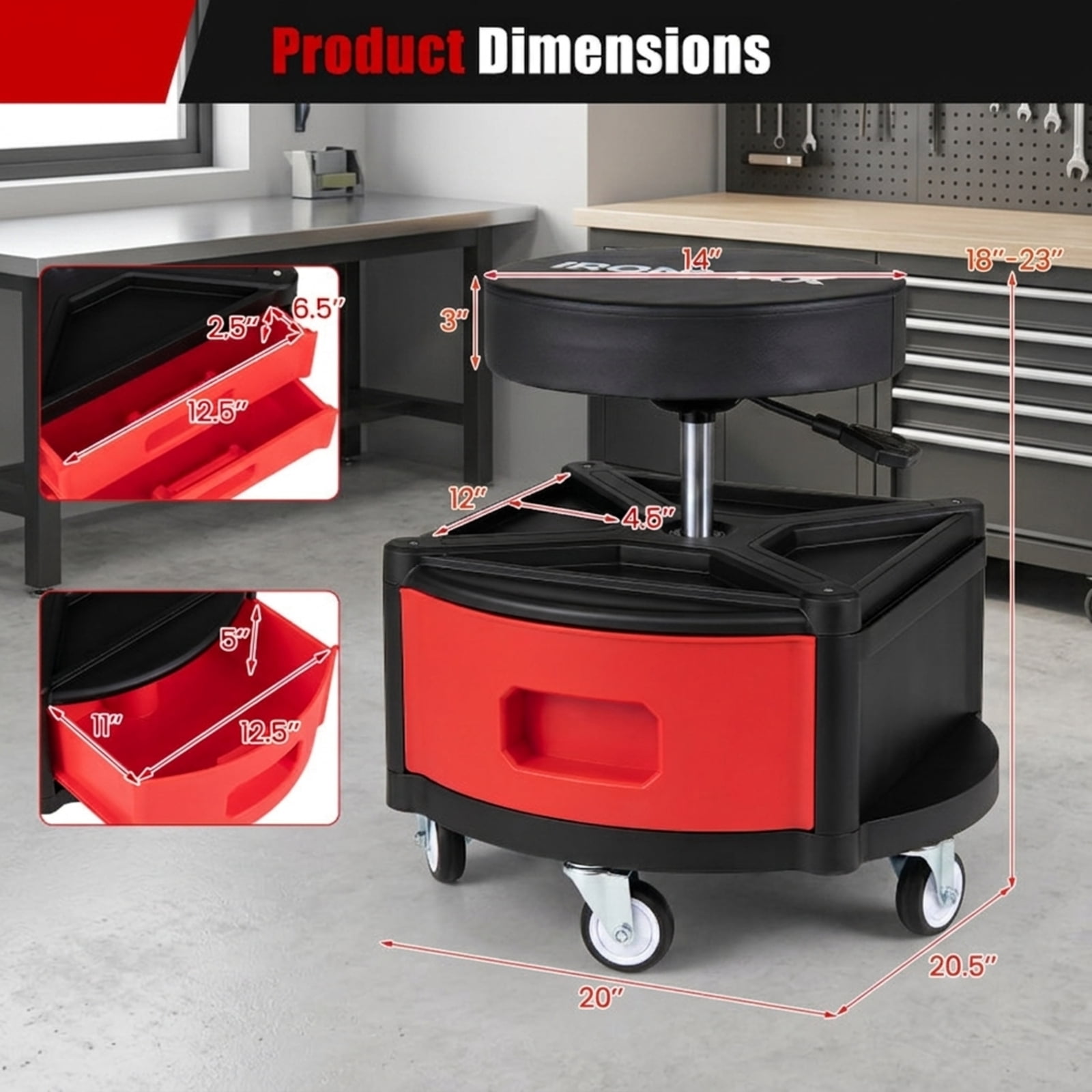 Biotree Rolling Mechanic Stool Adjustable Height Shop Seat for Garage 23" x 20.5" with Tool Tray for Garage Shop, Red