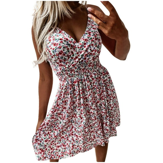 IROINNID V-Neck A-Line Dress For Women Fashion Casual Sling Floral Waist Mid Waist Pullover Princess Dress Empire Waist Dress