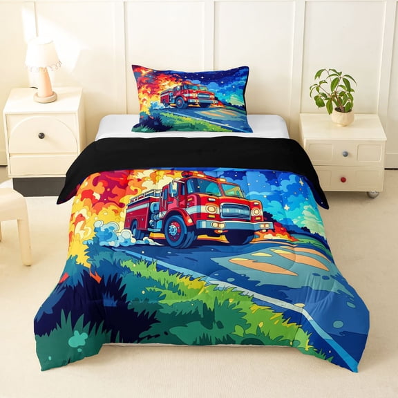 Castle Fairy Cartoon Fire Truck Twin Comforter Sets 3-Piece for Toddlers, Night Flame Print Bedding Set for Bedroom, Red Blue,Black Reversible