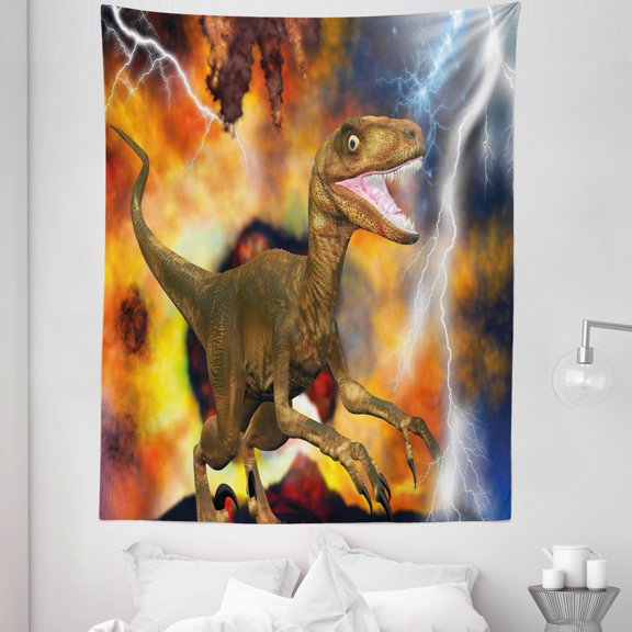 Dinosaur Tapestry, Dramatic Catastrophe Destruction Background with Allosaurus Fragilis Illustration, Fabric Wall Hanging Decor for Bedroom Living Room Dorm, 5 Sizes, Multicolor, by Ambesonne