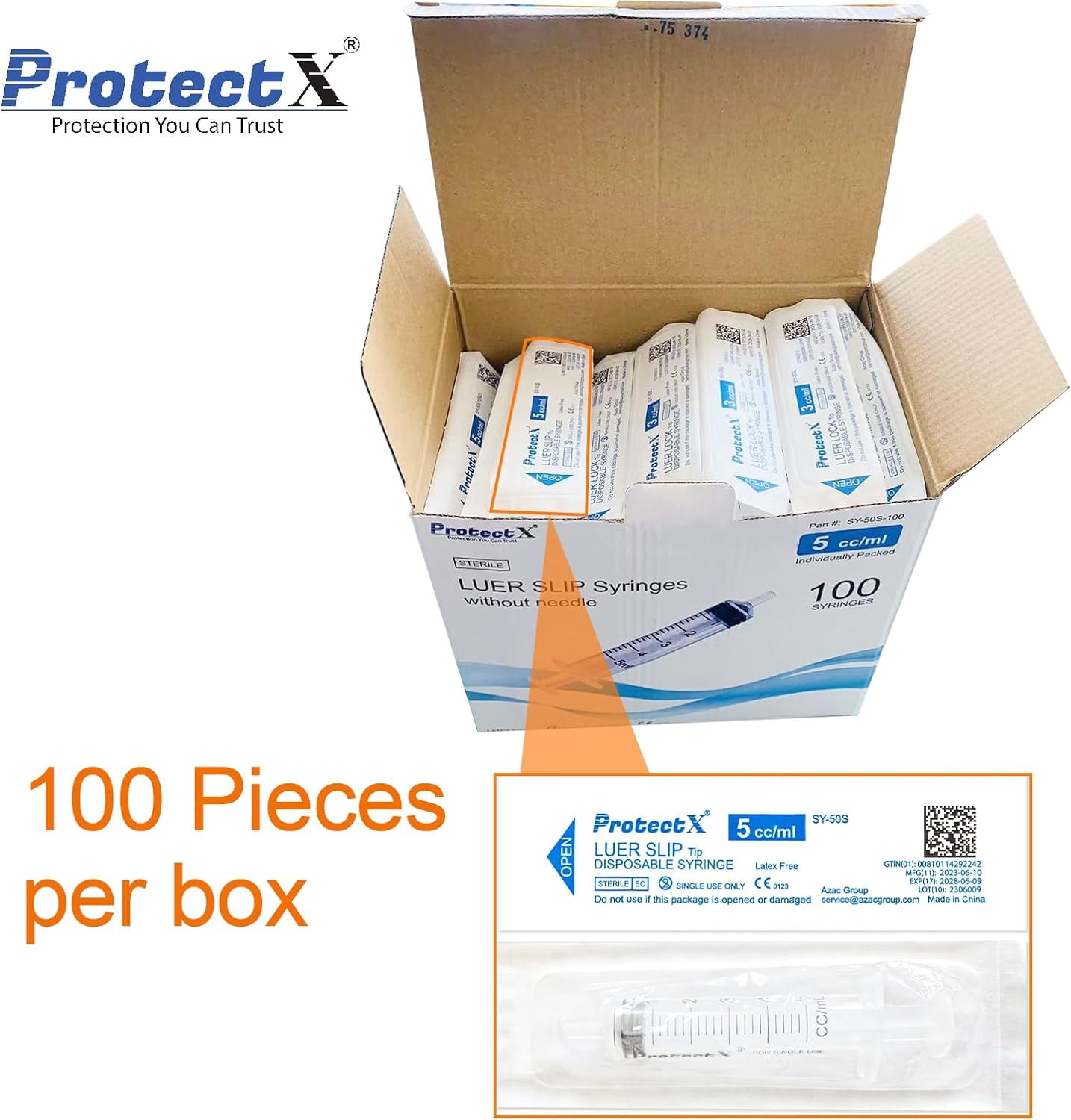 ProtectX 100 Pack 5ml Disposable Luer Slip Sterile Syringe, Individually Sealed, Smooth and Accurate Dispensing for Science Labs