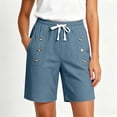 thumbnail image 2 of VBVC Women's Drawstring Button Knee Length Shorts , Cotton Linen Summer Shorts For Women , Ladies' Lightweight Bermuda Shorts with Pockets,Light Blue,S-2XL, 2 of 9