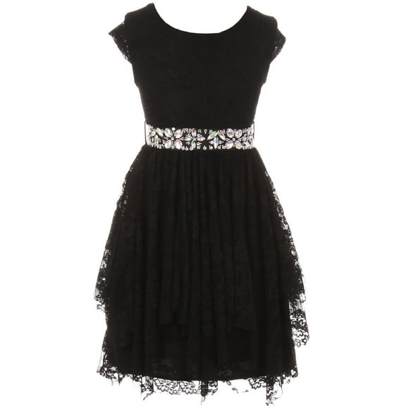 Little Girls Cap Sleeve Girls Dress Floral Lace Rhinestones Waistband Flower Girl Dress Black 4 (J20KS95)