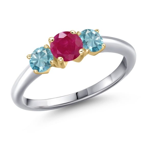 Gem Stone King 925 Silver and 10K Yellow Gold Red Ruby and Blue Zircon Engagement Ring for Women | 1.55 Cttw | Round 5MM | Gemstone July Birthstone | Size 9