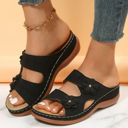

ZHELIYO Women s sandals Women Sandals Fashion Summer New Pattern Flower Decoration Open Toe Breathable Comfortable Thick Sole Wedge Lightweight Black 6.5