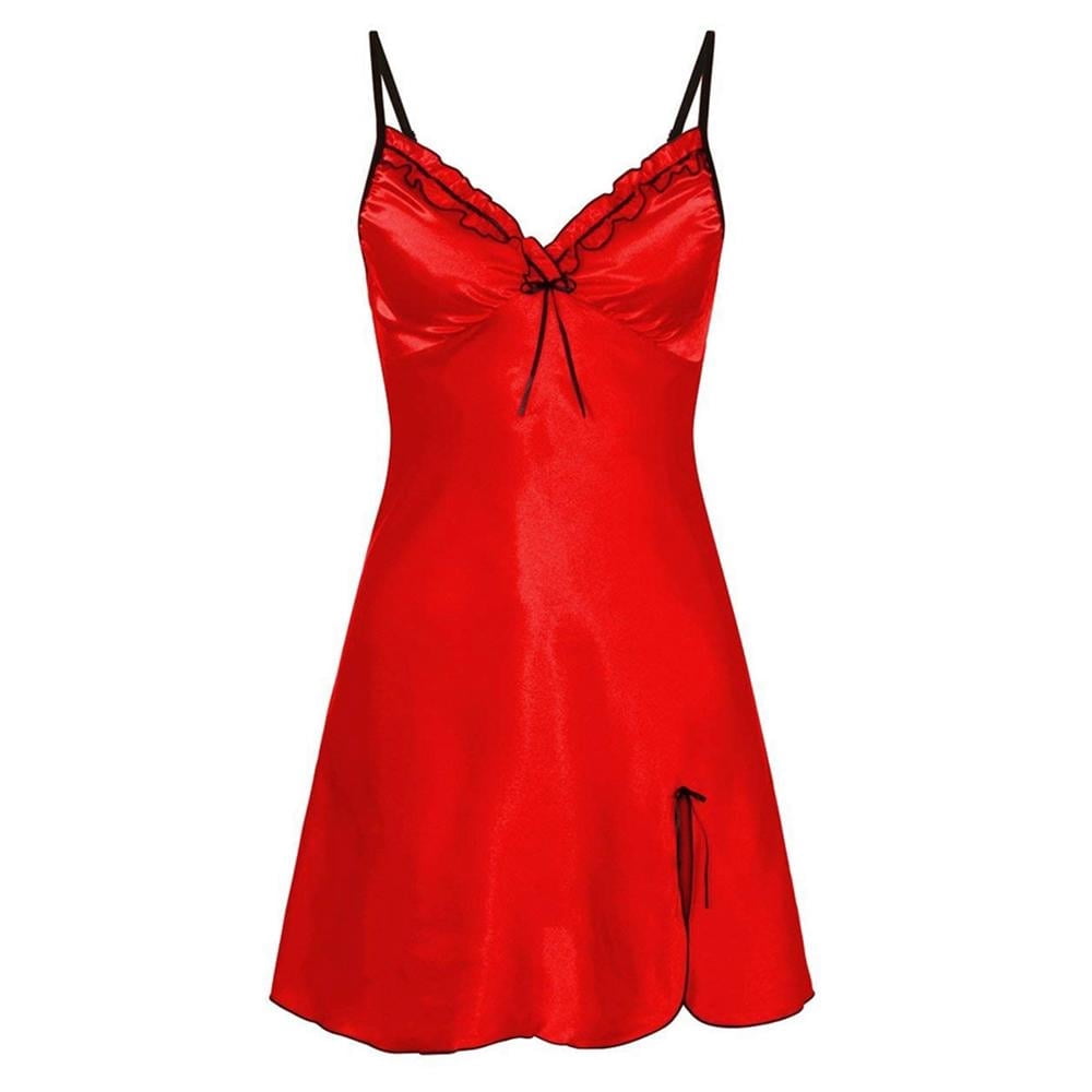 Chemise De Nuit Satin Femme - Pyjama Sexy Dentelle Col V Profond Argent