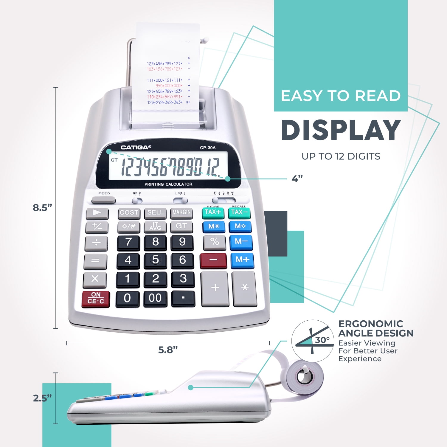Commercial Printing Calculator, 12-Digit LCD Display, 2.03 Lines/Second, Two-Color Printing, AC Adapter (Silver)