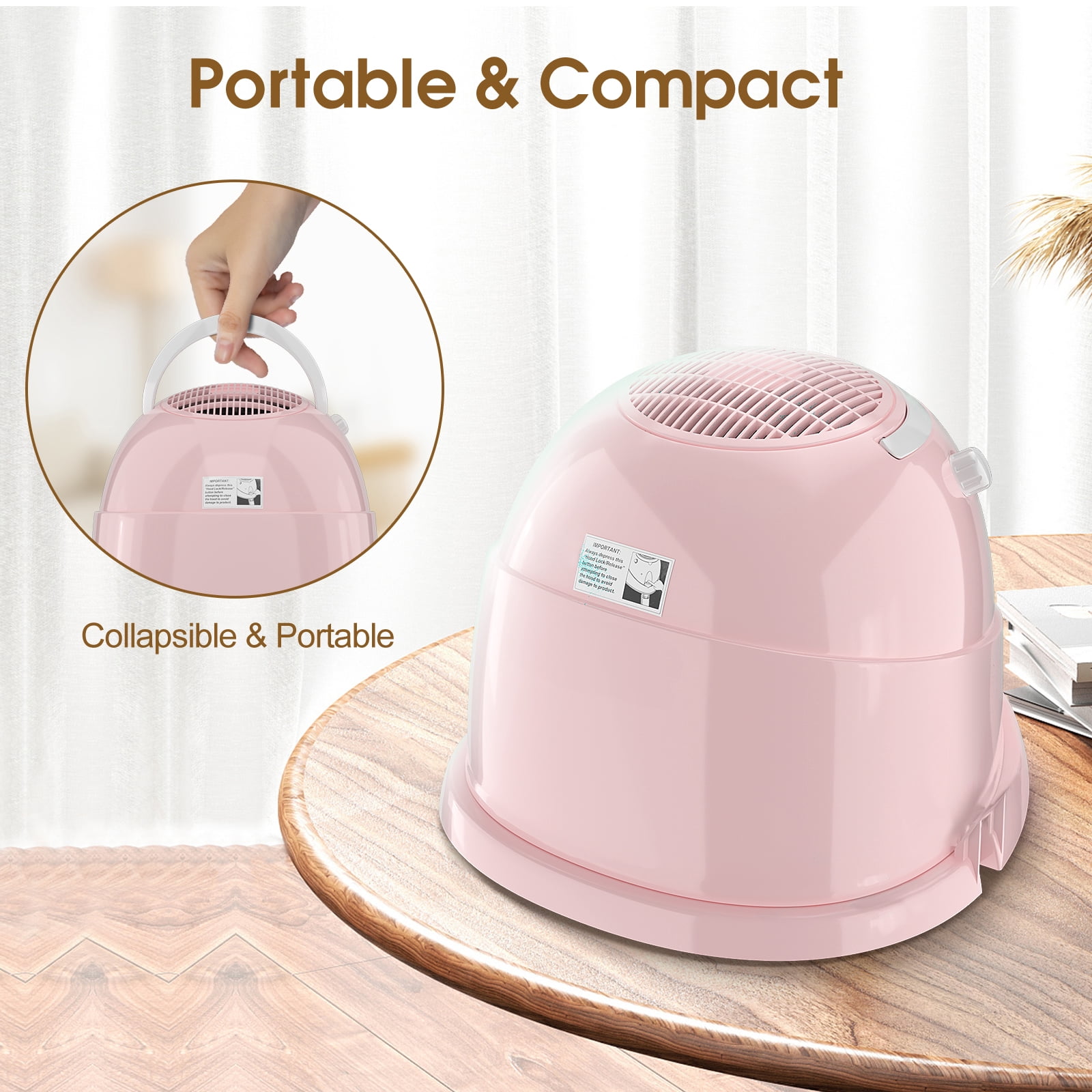 Deep Beauty Ionic Hooded Hair Dryer, 1875W Bonnet, 3 Heating Settings, Sit Under for Home and Salon, Portable & Collapsible, Height Adjustable (Pink)