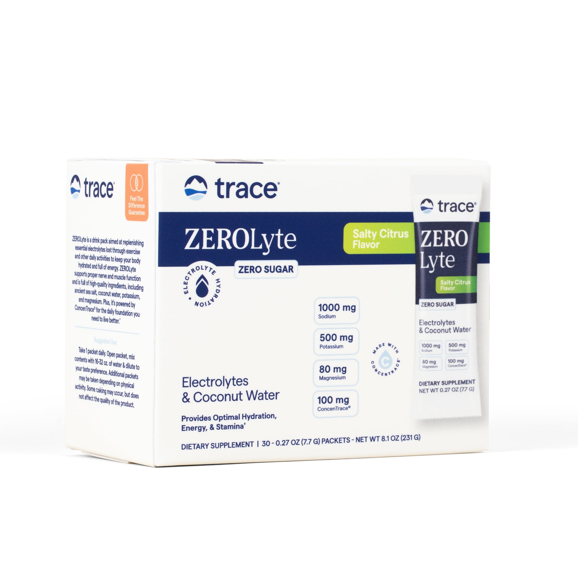 Trace Minerals ZeroLyte Electrolyte Drink Mix, Salty Citrus, 30 Packets, Zero sugar, ancient sea salt + coconut water, supports hydration, replenishes electrolytes, sodium + potassium + magnesium