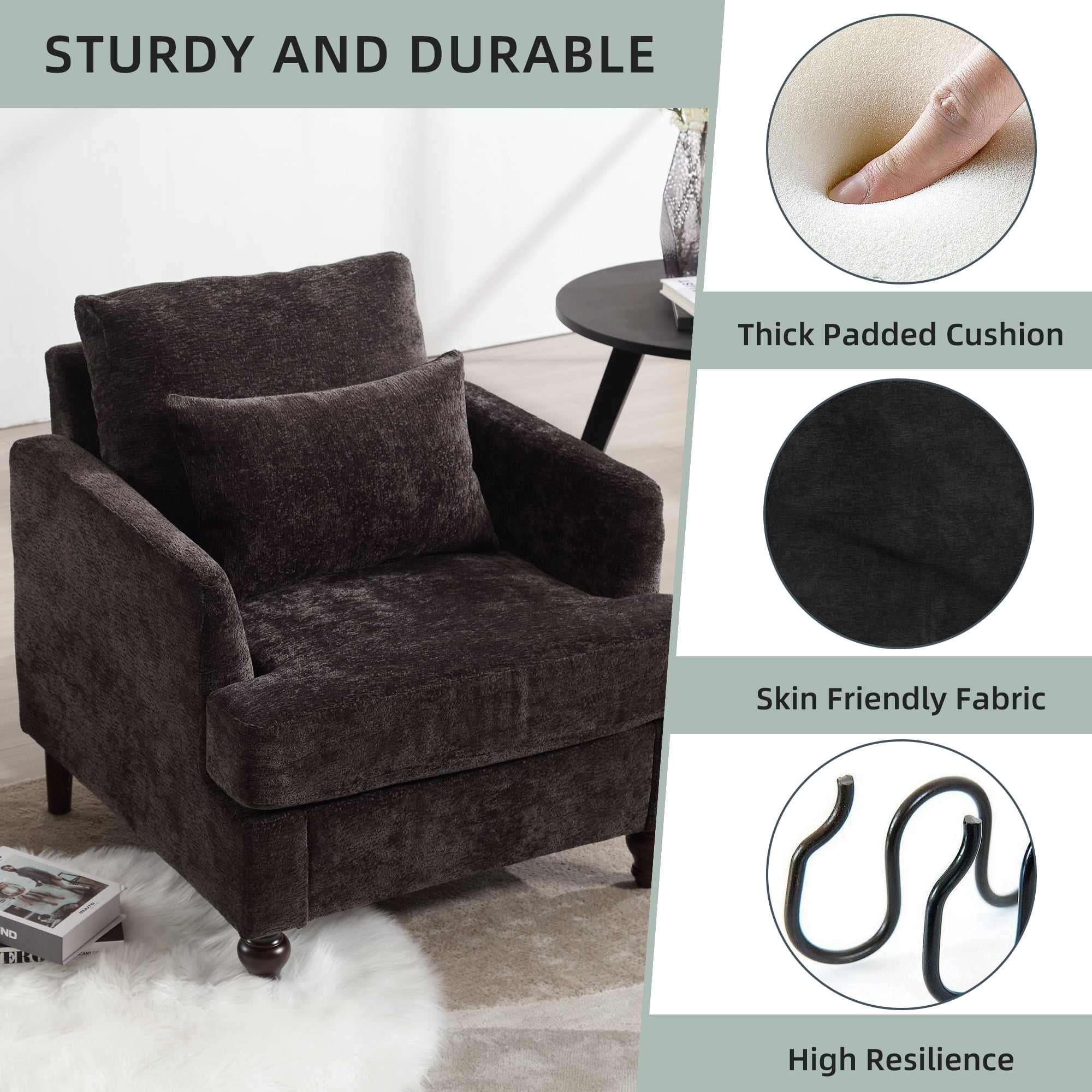 MOONMISS Modern Accent Chair, Wood Frame Upholstered Chenille Arm Chair, Comfy Small Single Couch For Living Room, Bedroom,Office Room Black