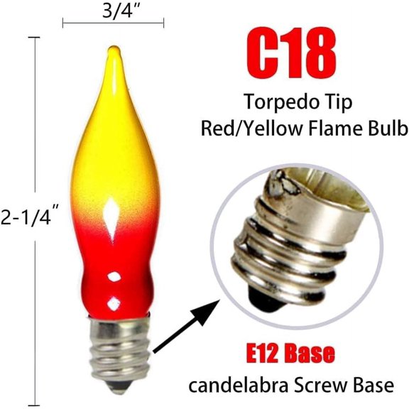 YJYASX-12 Pack C18 Red and Yellow Christmas Flame Candle Lights Bulb, E12 Candelabra Base Flame Shaped Incandescent Replacement Bulbs for Christmas Window Candles, Chandelier, Outdoor String Lights D
