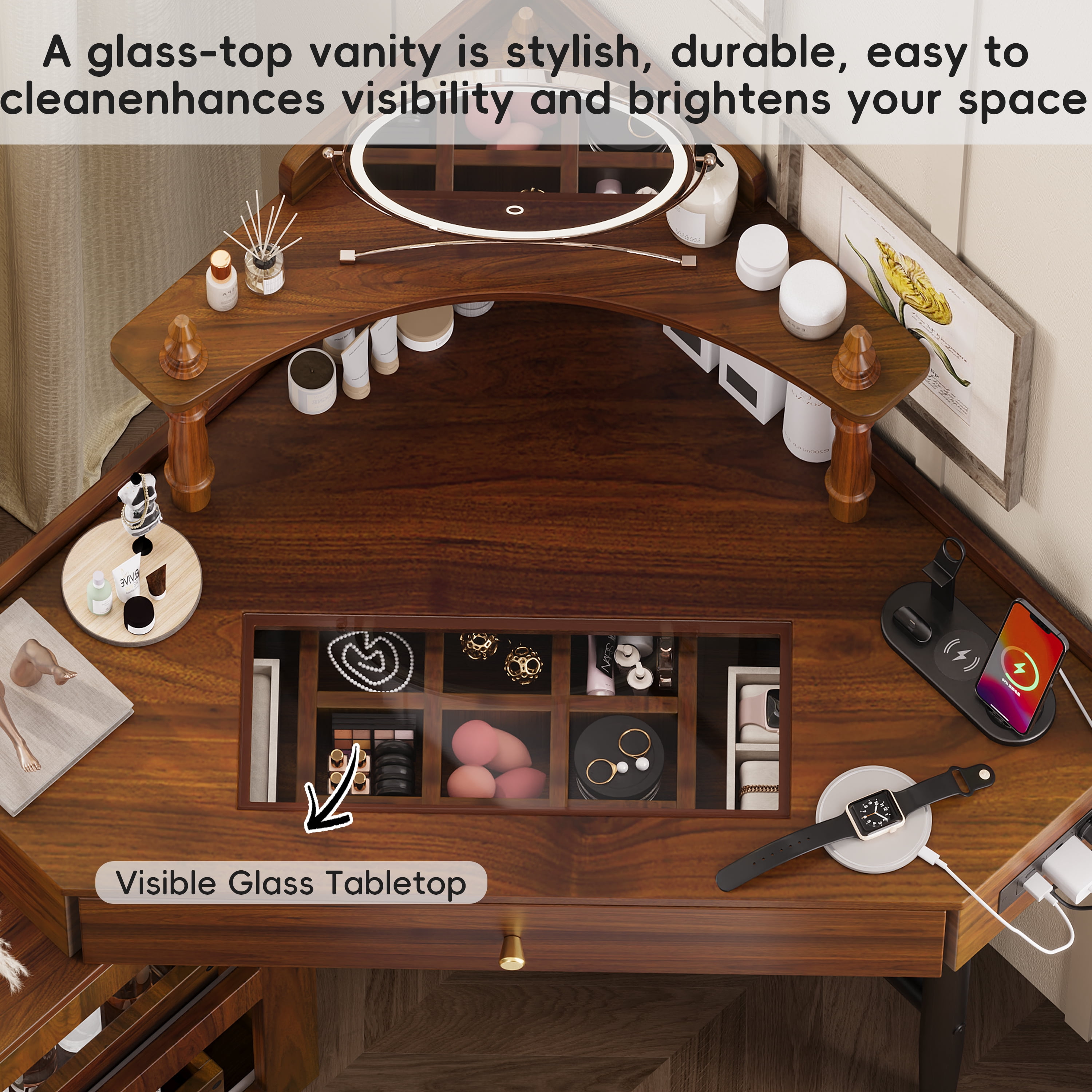 Aukfa Corner Vanity Set with Charging Station, Glass Desk & Removable Organizer Cabinet, Makeup Table with Stool,Walnut