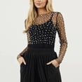 thumbnail image 2 of Lace Undershirt For Women Fashionable Bead Round Neck Long Sleeved Womens Shirts Tank,Black,S, 2 of 5