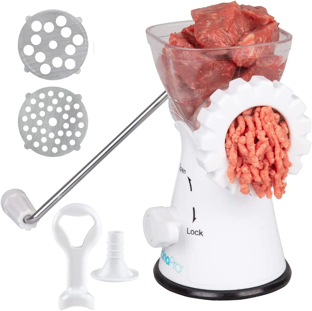 Hachoir Manuel - Hachoir avec 2 Assiettes en Acier Inoxydable, Accessoire à Saucisses, Presse, Base à Succion Robuste et Design Lavable au Lave-Vaisselle - Préparez Saucisse, Bœuf Haché, Hamburgers et Plus