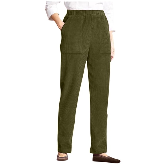 Qcmgmg Women's Corduroy Pants High Waisted Pull on Pajama Wide Leg Pants Woman Slacks Elastic Stretch Womens Lounge Pants Casual Petite Winter Fall Trousers with Pockets Green S