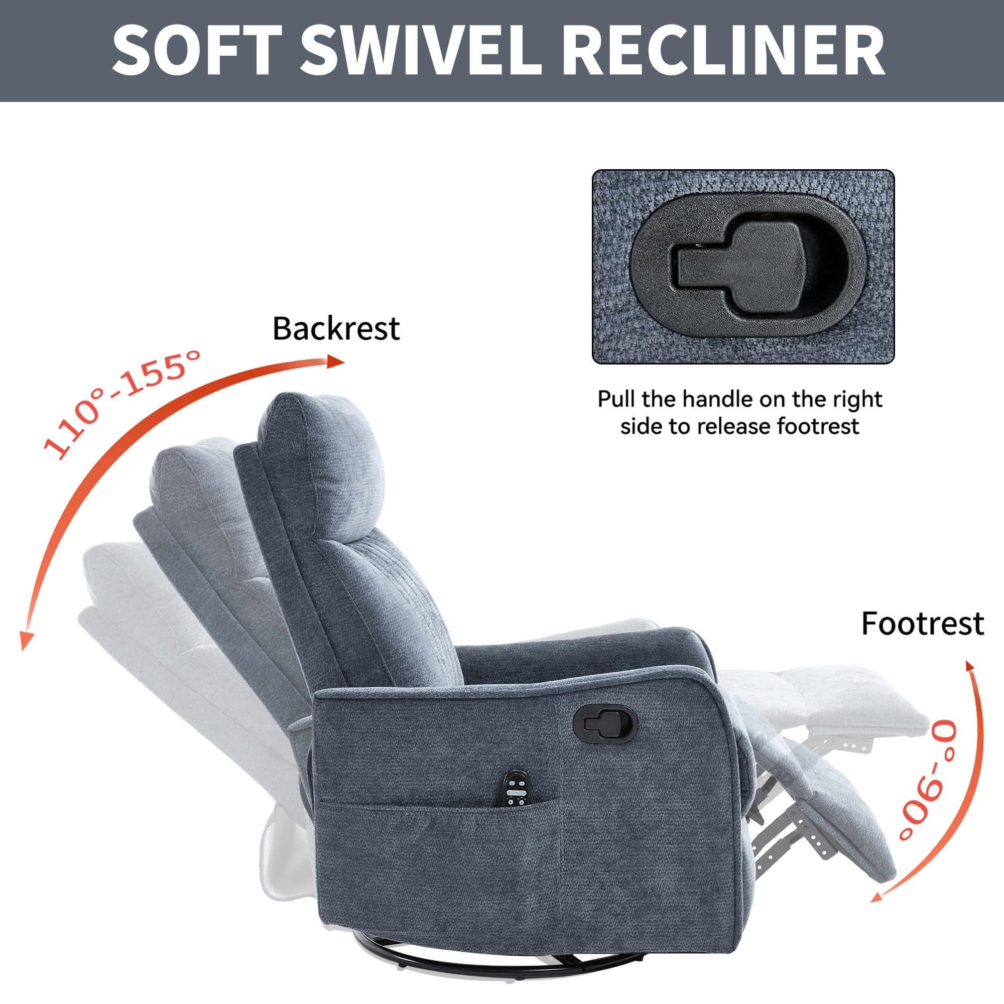 MAYEERTY Blue Chenille Heat Massage Recliner Chair, 360° Swivel Rocker for Living Room, 26x35x39in