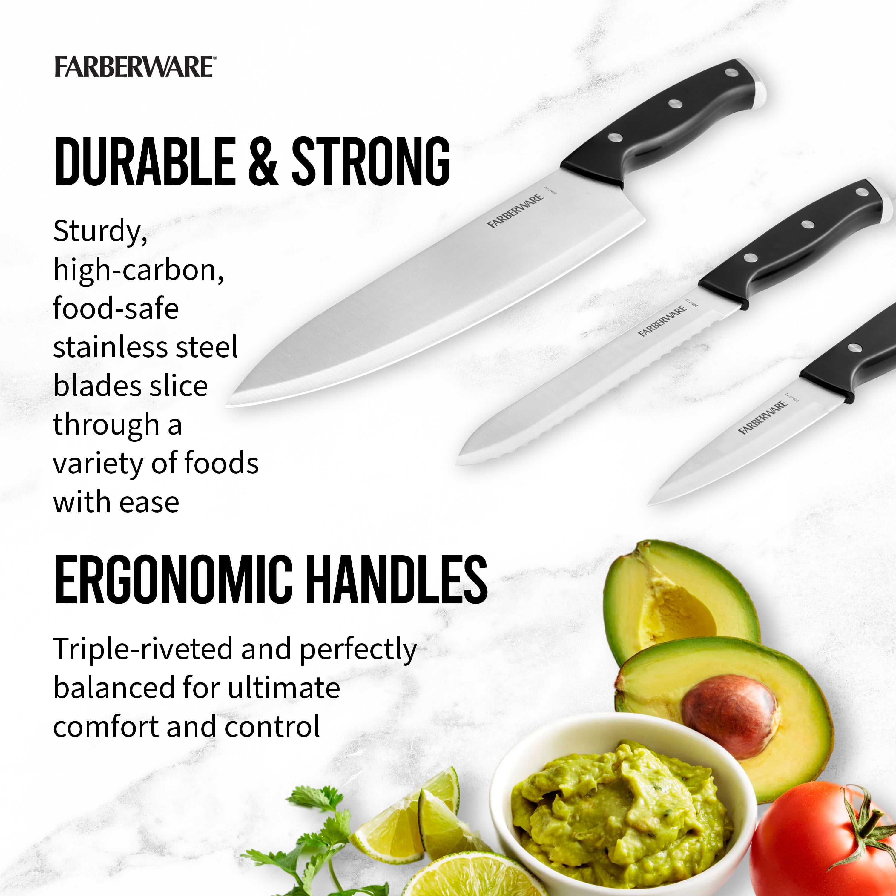 Farberware Classic Stainless Steel 6 Piece Full Tang Tripe-Riveted Knife  Prep Set with Black Handles 