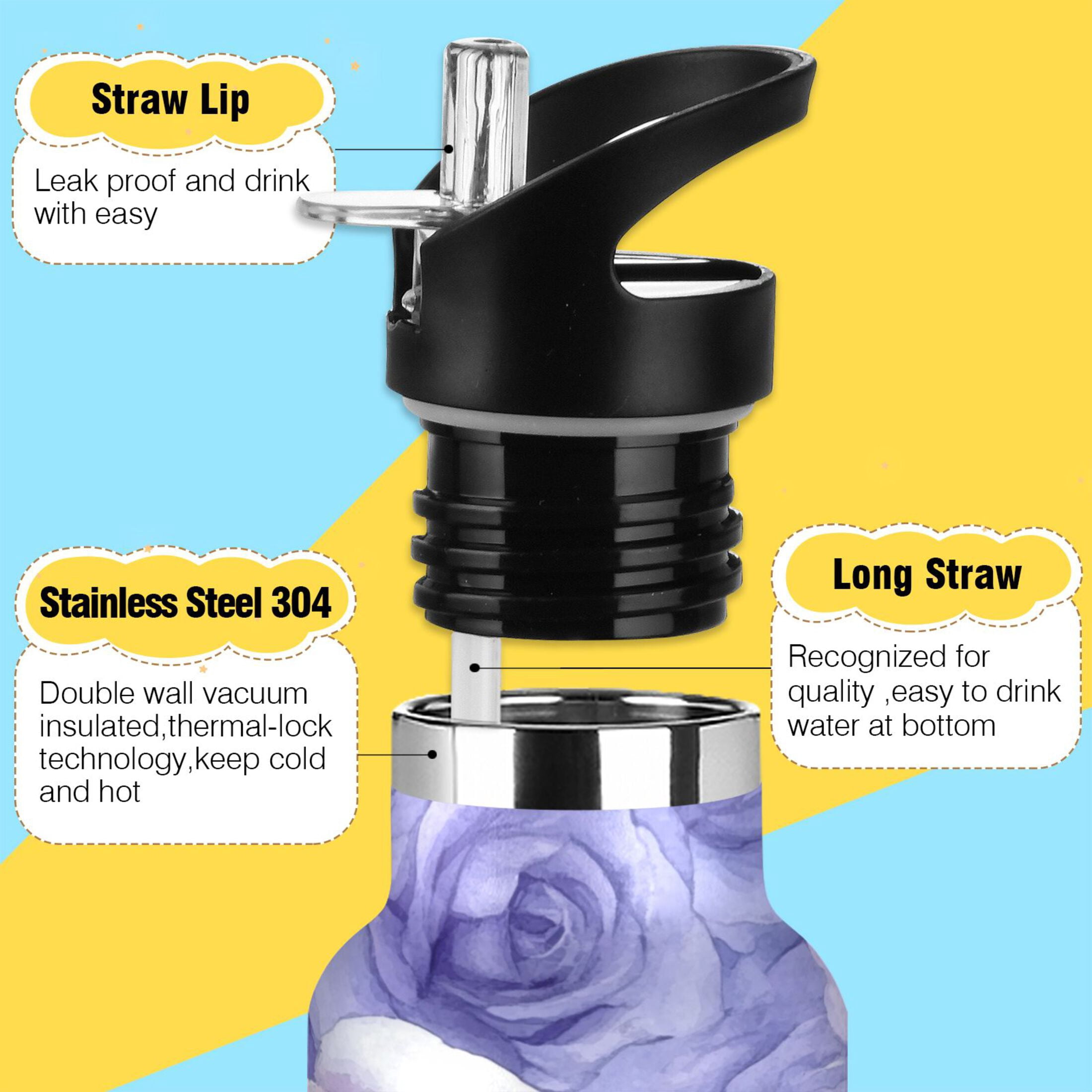 600ML Stainless Steel Insulated Cup Sports Water Bottle Portable Thermos Cup Water Glasses Insulated Tumblers Convenient and Durable Cartoon Purple Roses Seamless