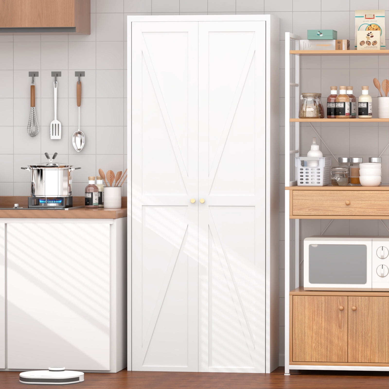 Adjustable 2 Doors Storage Cabinet, Kitchen Pantry Cabinet With Adjustable Shelves Tall Steel Cabinet Locker For Kitchen, Living Room, Dining Room and Office