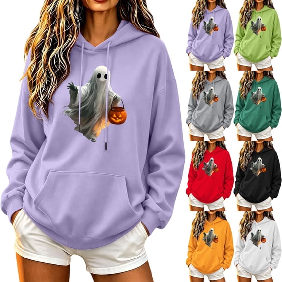 NSLGXD Womens Halloween Graphic Hoodie Funny Ghost with Pumpkin Print Oversized Hooded Sweatshirt Loose Baggy Long Sleeve Casual Fall Outfits with Pocket S-XL