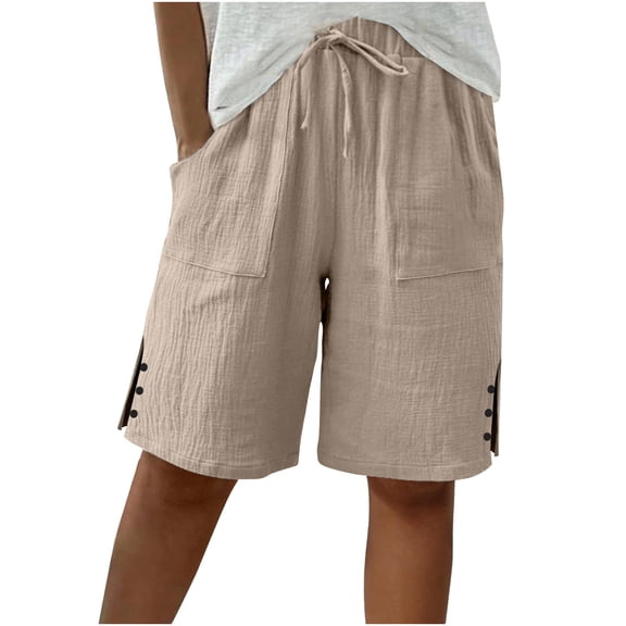 Womens Bermuda Shorts Summer Casual Wide Leg Knee Length High Waisted Cotton Linen Long Shorts with Pockets Beach Outfits Khaki 2XL