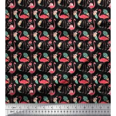 Soimoi Black Cotton Duck Fabric Monstera Leaves,Peach Floral & Flamingo Bird Decor Fabric Printed BTY 42 Inch Wide