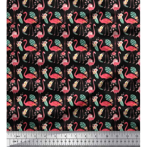 Soimoi Black Cotton Duck Fabric Monstera Leaves,Peach Floral & Flamingo Bird Decor Fabric Printed BTY 42 Inch Wide