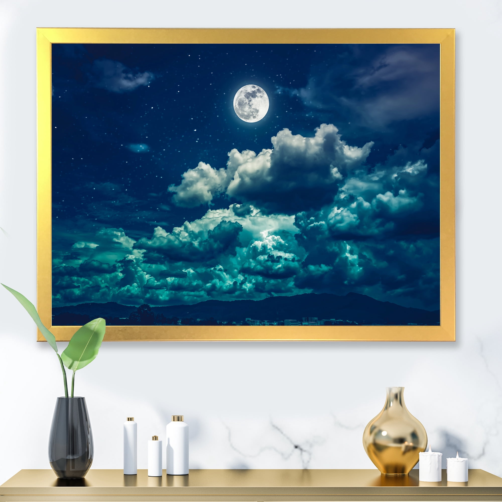 Designart 'Full Moon Night in Cloudy Sky II' Nautical & Coastal Framed Art Print