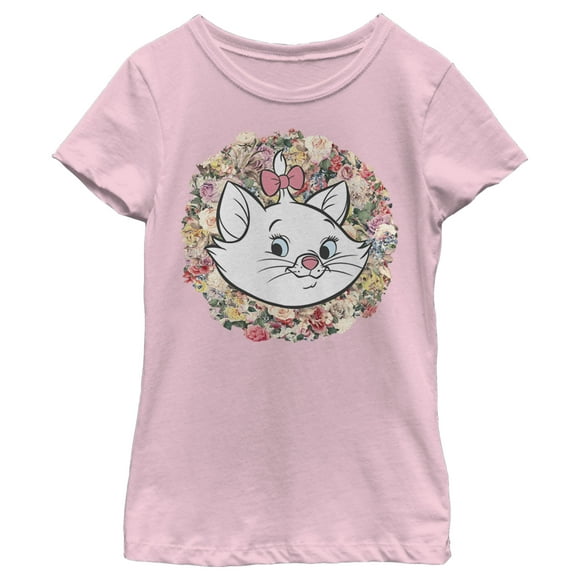 Girl's Aristocats Floral Marie White Kitten  T-Shirt - Light Pink - X Small