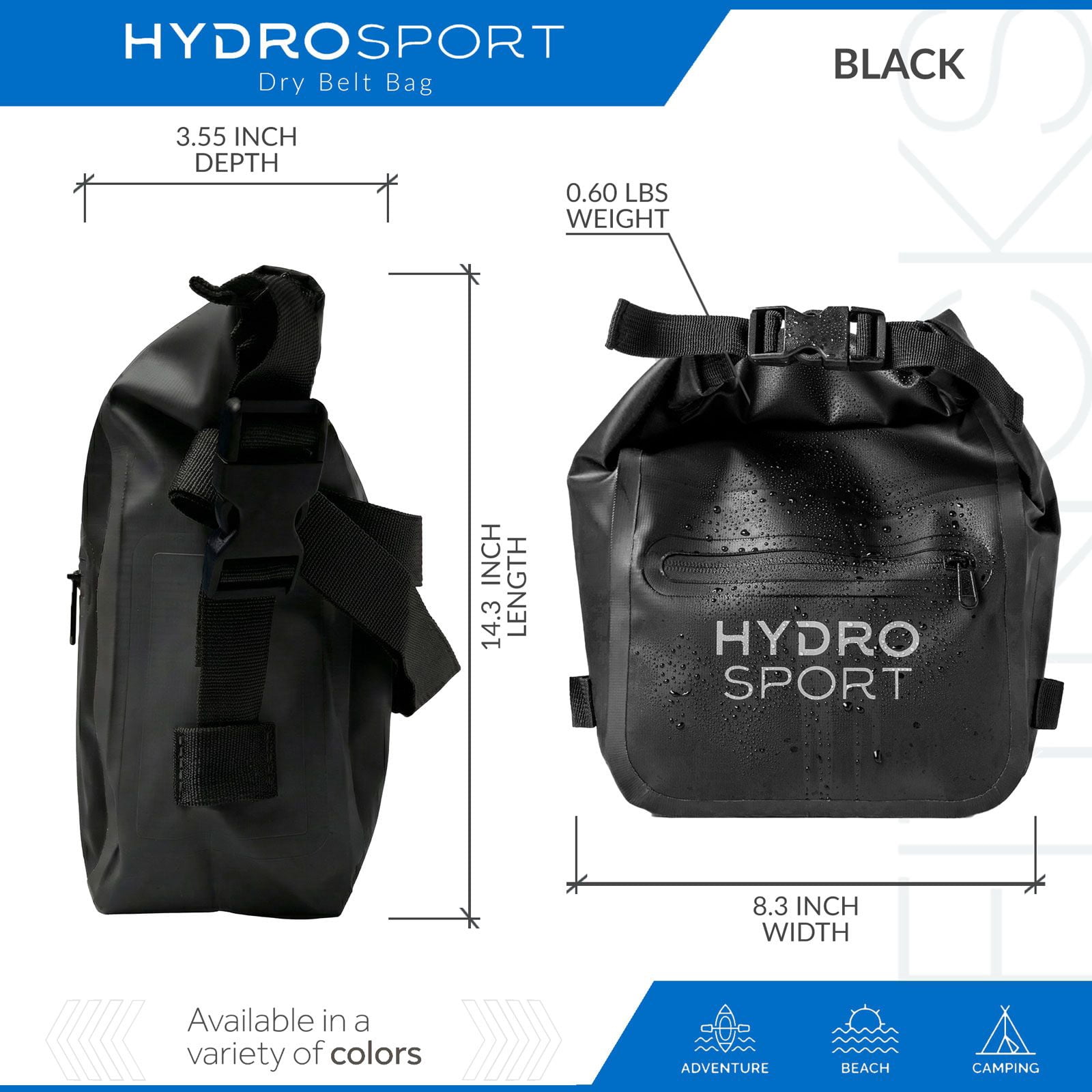 FITKICKS HydroSport Dry Belt Bag Waterproof Waist Pack with Adjustable Strap - Black