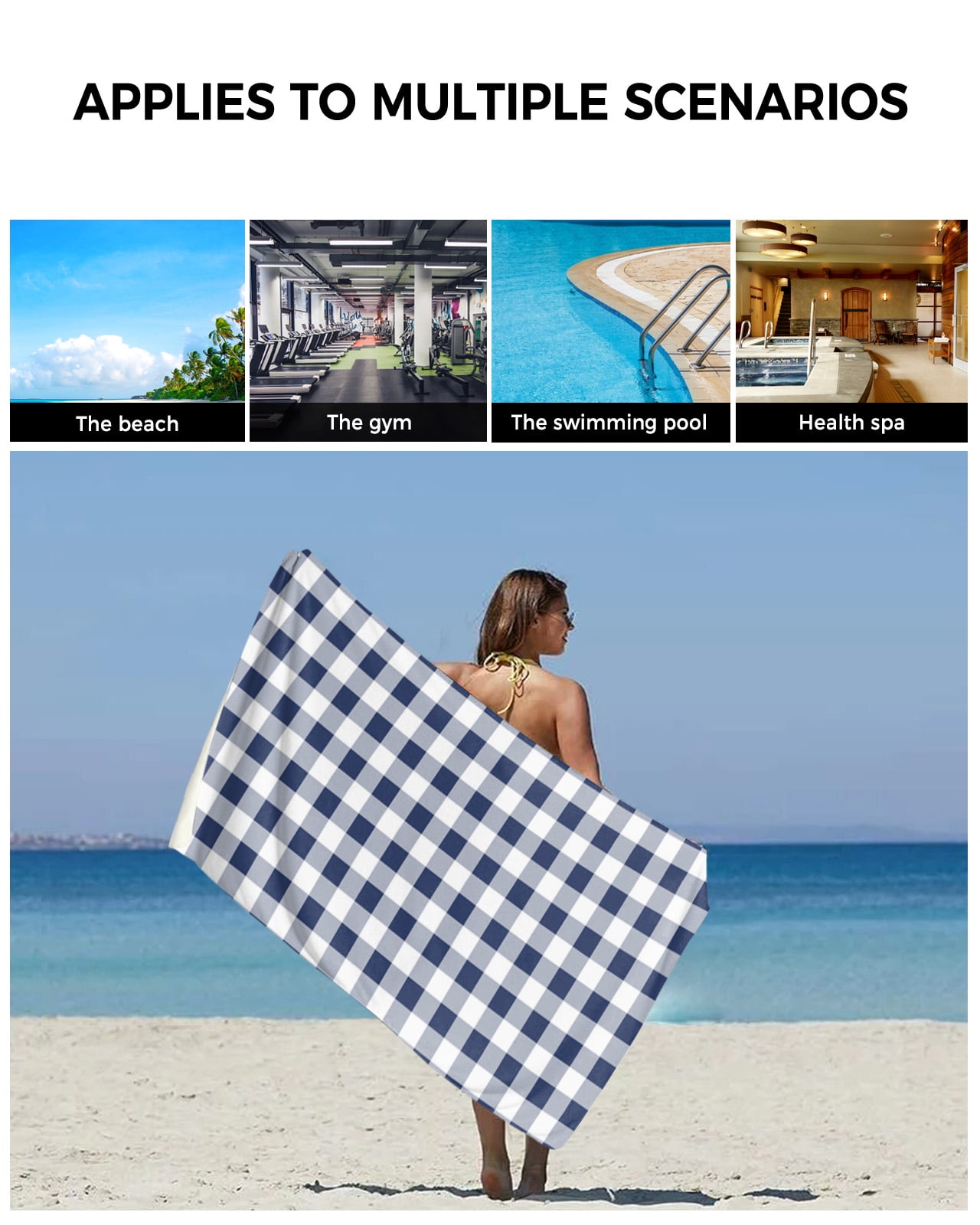 Navy Blue White Plaid Towel Set of 3, Soft Microfiber Bath Towels, Hand Towel, Washcloths, Farmhouse Checkered Buffalo Quick-Dry Absorbent Towels for Bathroom Kitchen Hotel Beach Gym Spa