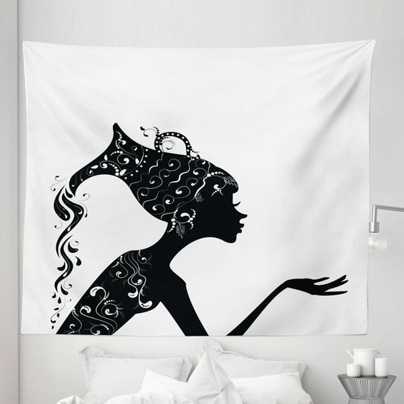 Zodiac Aquarius Tapestry, Dressed Woman with Astrology, Fabric Wall Hanging Decor for Bedroom Living Room Dorm, 5 Sizes, Black White, by Ambesonne